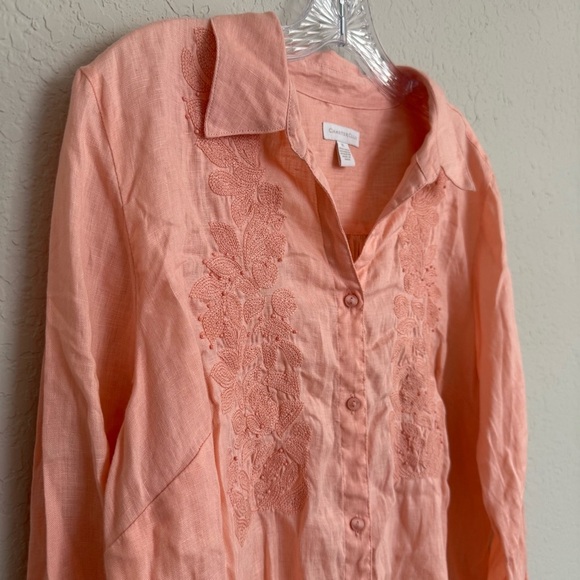 Charter Club Orange Linen Embroidered Button Up Shirt Size XL Natural Fibers - Picture 3 of 7